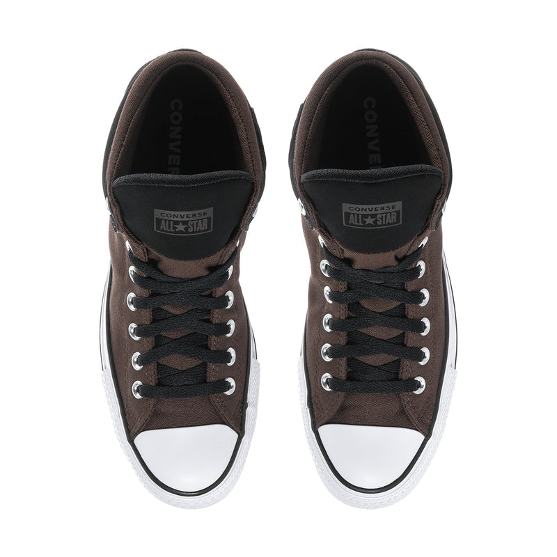 Brown and black lace-up mid-top sneakers with white toe cap and Converse logo