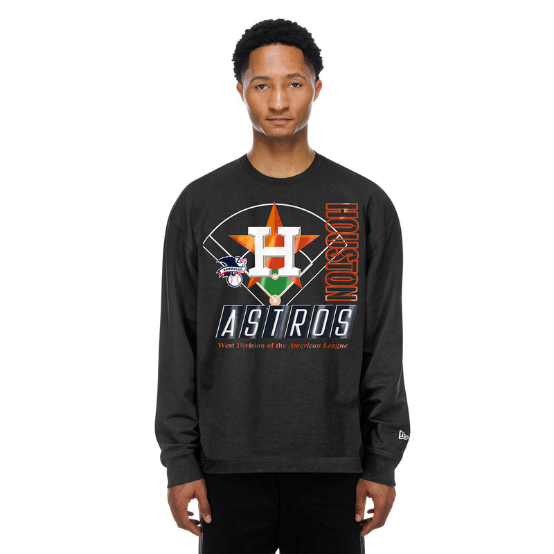 Men's black long-sleeve crewneck T-shirt with large Astros H logo and vertical text