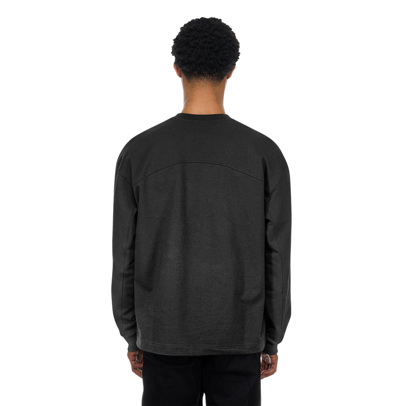 Men's black long-sleeve crewneck T-shirt, plain back with small seam detail