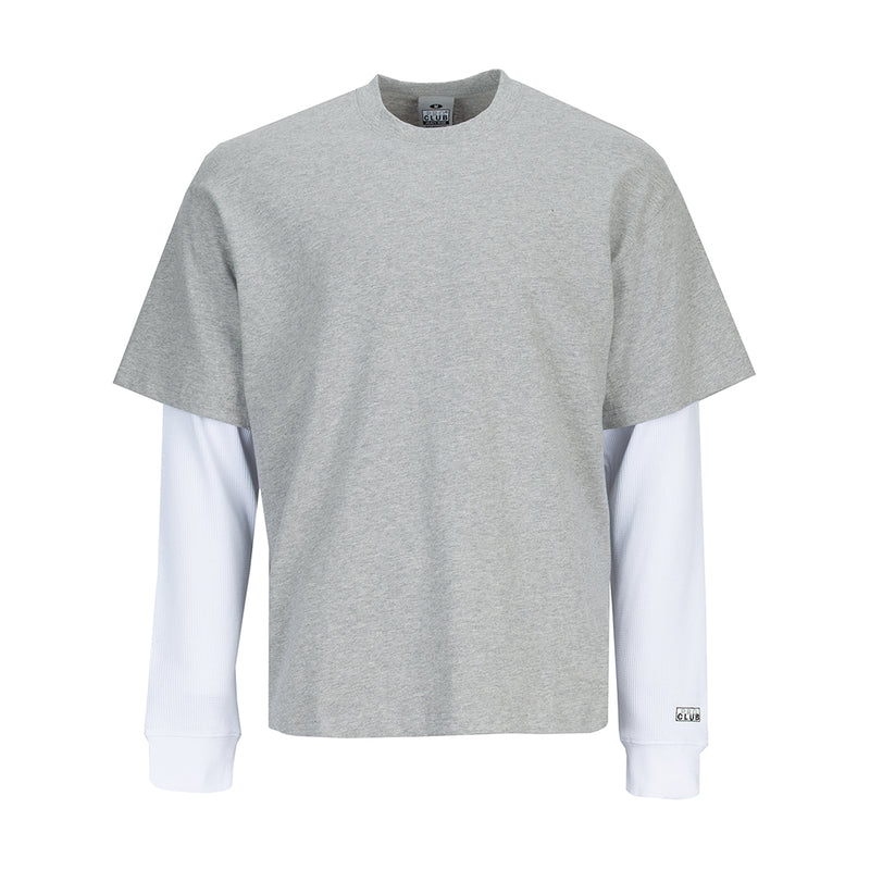 Men's heather gray thermal T-shirt with white long-sleeve base layer at cuffs