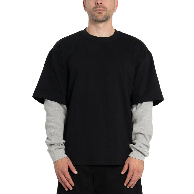 Men's 2-in-1 thermal shirt with black tee overlay and heather grey sleeves