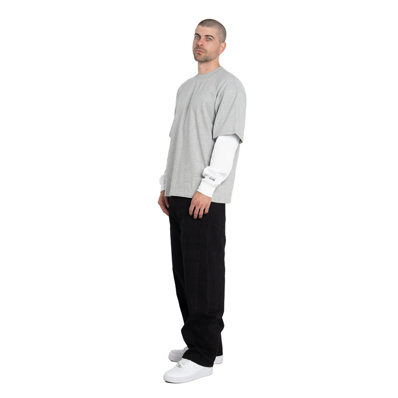 Men's heather gray crewneck T-shirt with white long-sleeve layer, side view