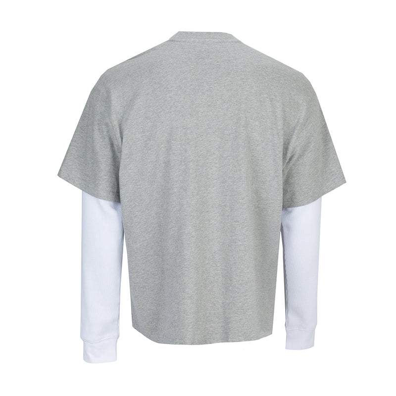 Men's heather gray crewneck T-shirt with white long sleeves, back view