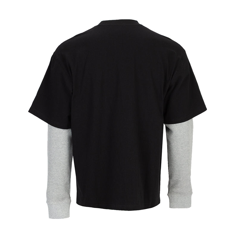 Men's 2-in-1 thermal shirt, back view with black tee and heather grey sleeves