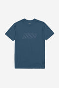 Impact Tee in steel blue with a large outlined globe logo across the chest