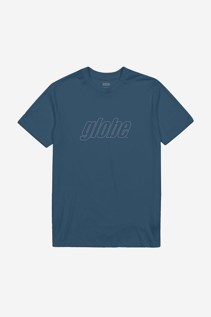Impact Tee in steel blue with a large outlined globe logo across the chest