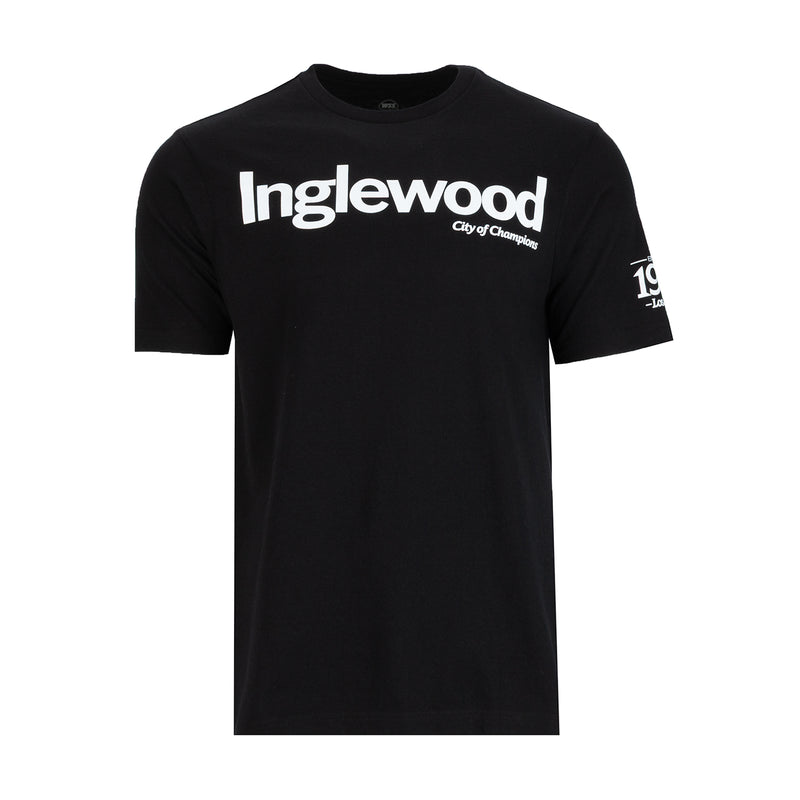 Men's black T-shirt with white front text graphic and crew neck