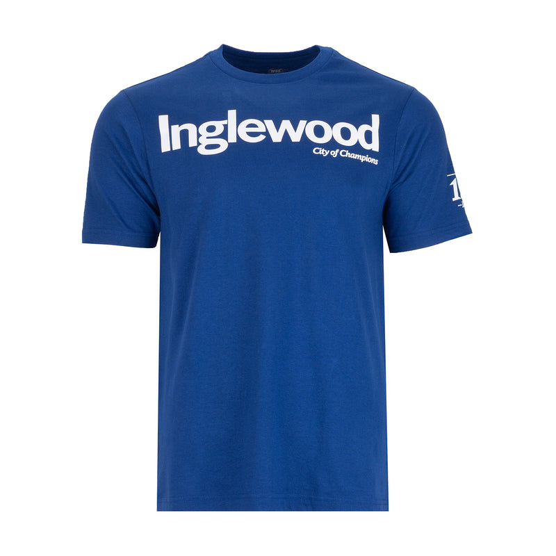 Men's royal blue crew-neck graphic T-shirt with white front logo and short sleeves