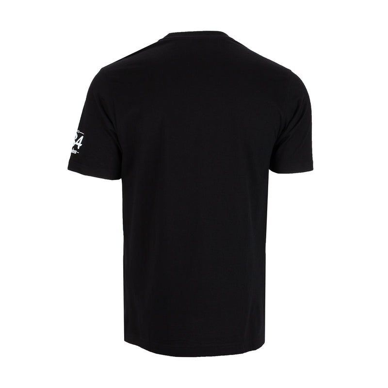 Men's black T-shirt, back view, small sleeve logo print
