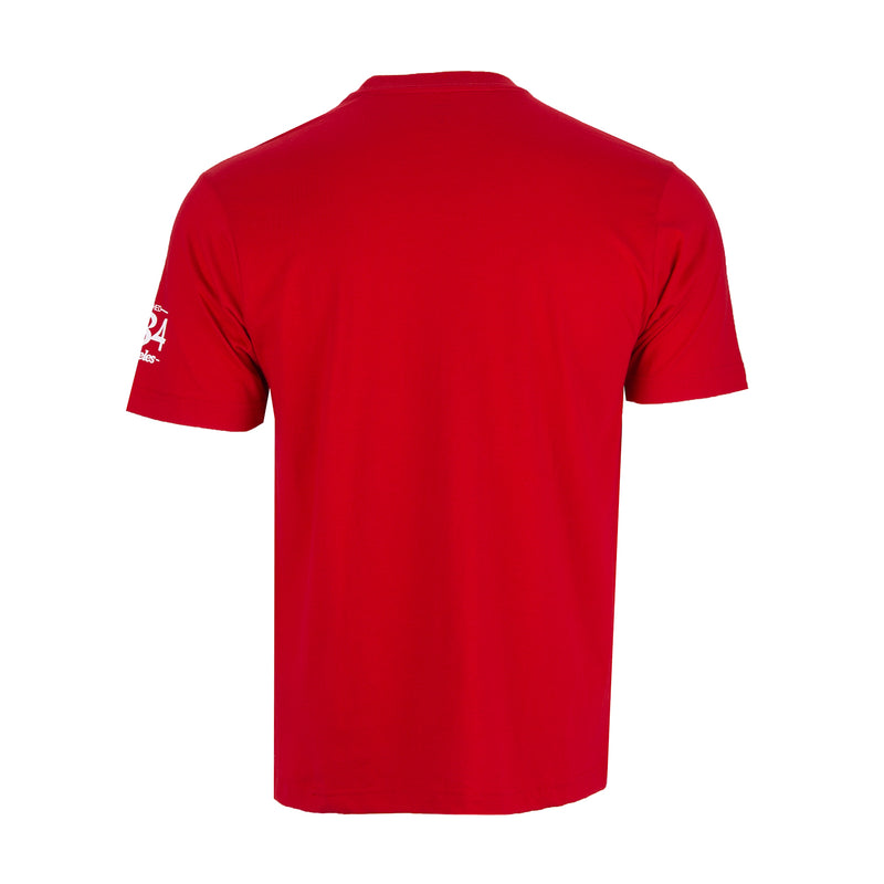Men's red T-shirt, back view with short sleeves; small left sleeve print