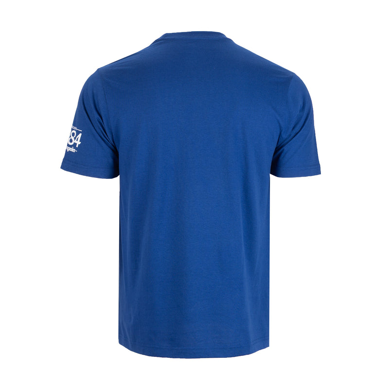 Men's royal blue crew-neck T-shirt with small white sleeve logo, back view