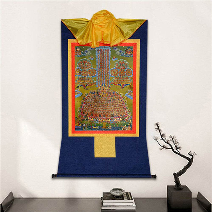 Je Tsongkhapa,Losang Drakpa,Je Rinpoche on Refuge Tree - Tibetan thangka painting, detailed view