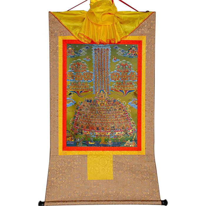 Je Tsongkhapa,Losang Drakpa,Je Rinpoche on Refuge Tree - Tibetan thangka painting, close-up detail