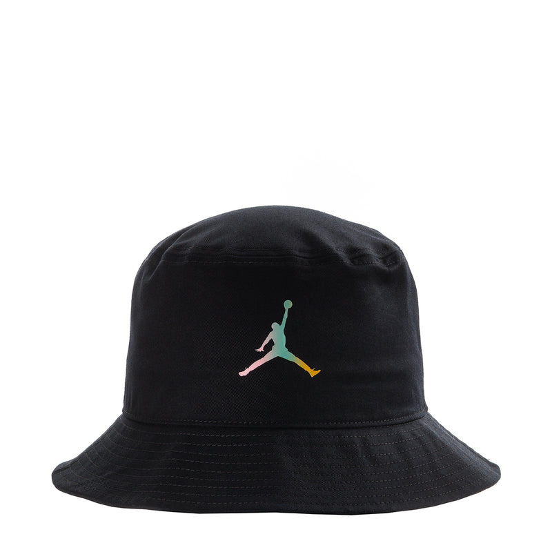 Black bucket hat with multicolor Jumpman logo on front panel.