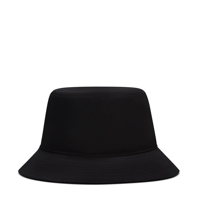 Black bucket hat with rounded crown and wide brim, side view.