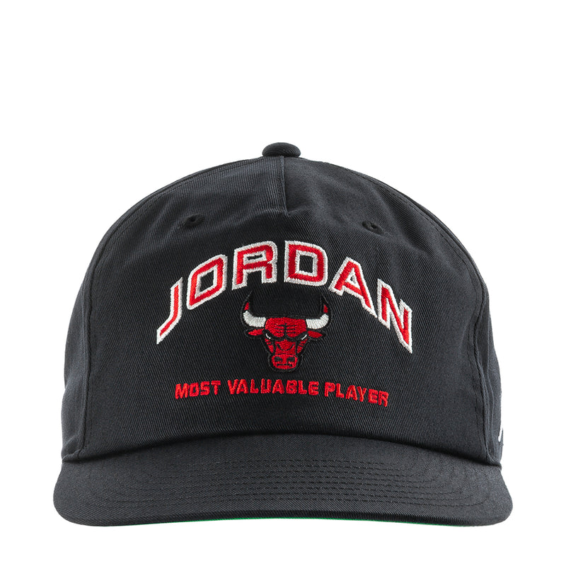 Black unstructured snapback cap with Jordan logo and red “MVP” text