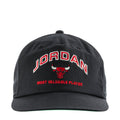 Black unstructured snapback cap with Jordan logo and red “MVP” text