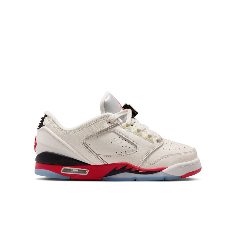 Youth low-top sneakers with white upper, red/black midsole and blue outsole
