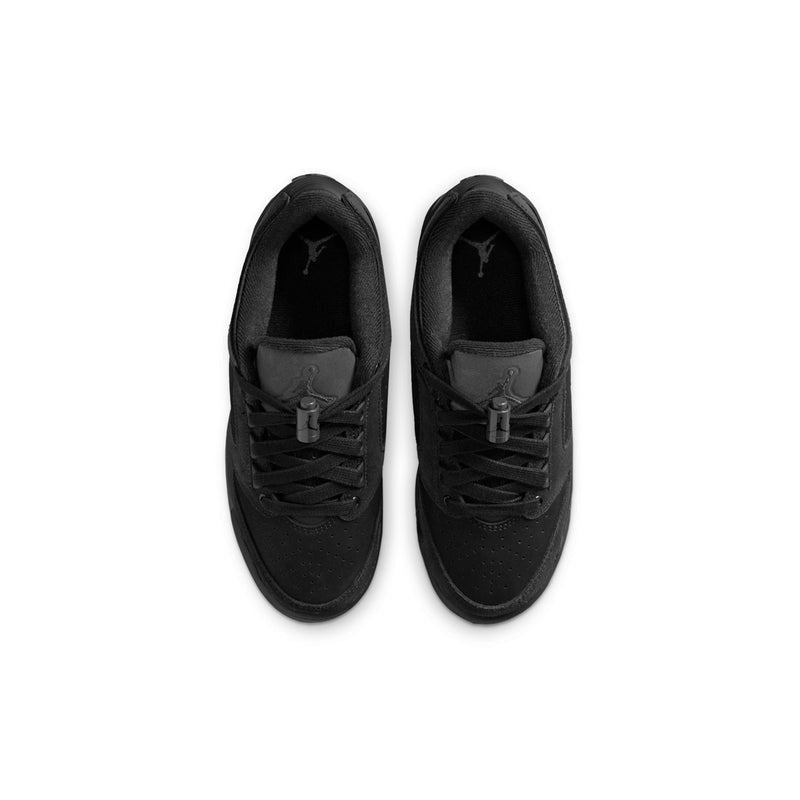 Pair of black youth low-top sneakers viewed from top, with lace-up and tongue branding