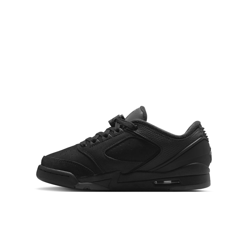 Black youth low-top sneakers with side panel overlays, lace-up front, and low profile sole