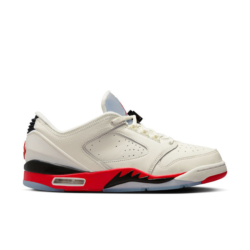 Men's white leather low-top sneakers with red and black accents, lace-up design