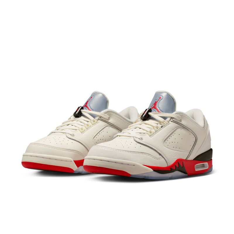 Men's white leather low-top sneakers with red sole and black side detailing