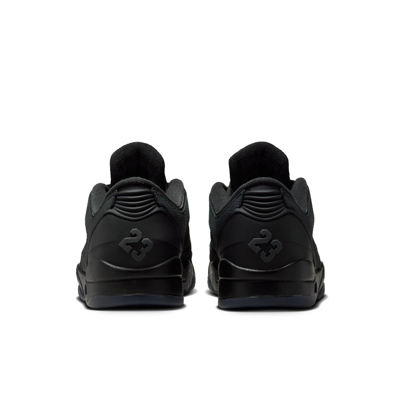 Jordan men’s athletic sneakers, black heel view with ridged collar and tabs