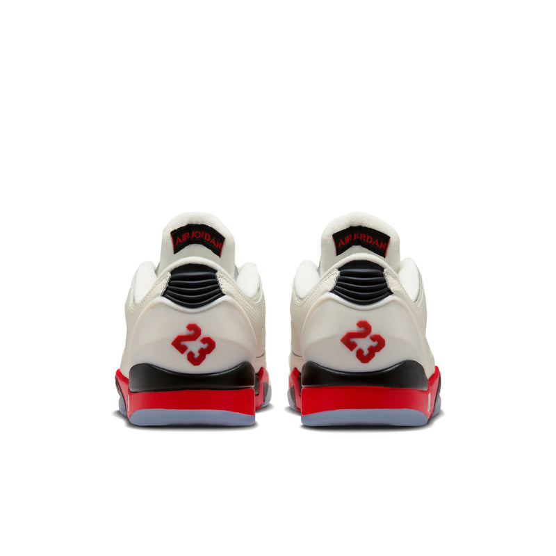 Men's white sneakers with red heel "23" graphic and black stabilizer around heel
