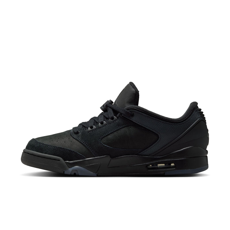 Jordan men’s athletic sneakers, black side view with lace-up and air window