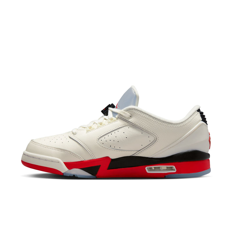 Men's white leather low-top sneakers with red midsole, black panel, and lace-up style