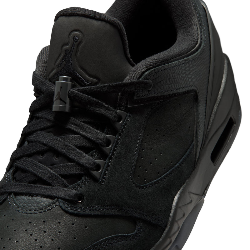 Jordan men’s athletic sneakers in black, lace-up upper close-up