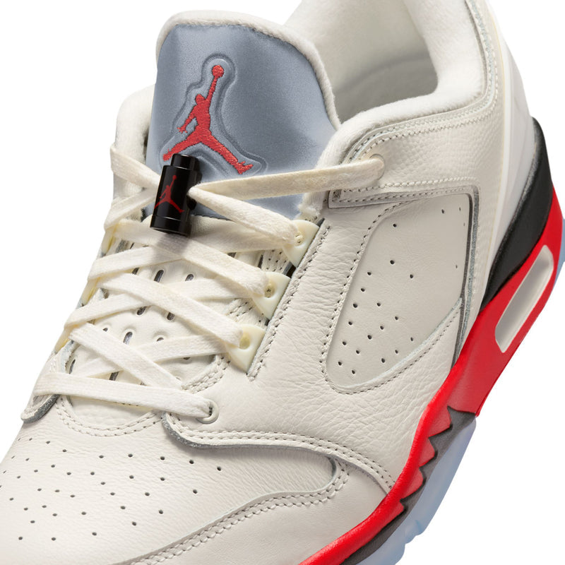 Close-up of men's white sneaker laces and padded tongue with Air Jordan logo
