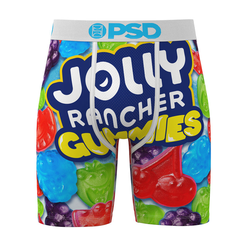 Men's JR Gummies boxer briefs with colorful gummy candy print, front view