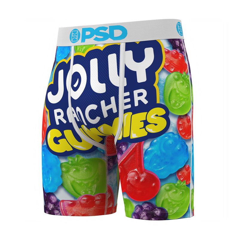 Men's JR Gummies boxer briefs, side view with gummy bear pattern and multicolor print