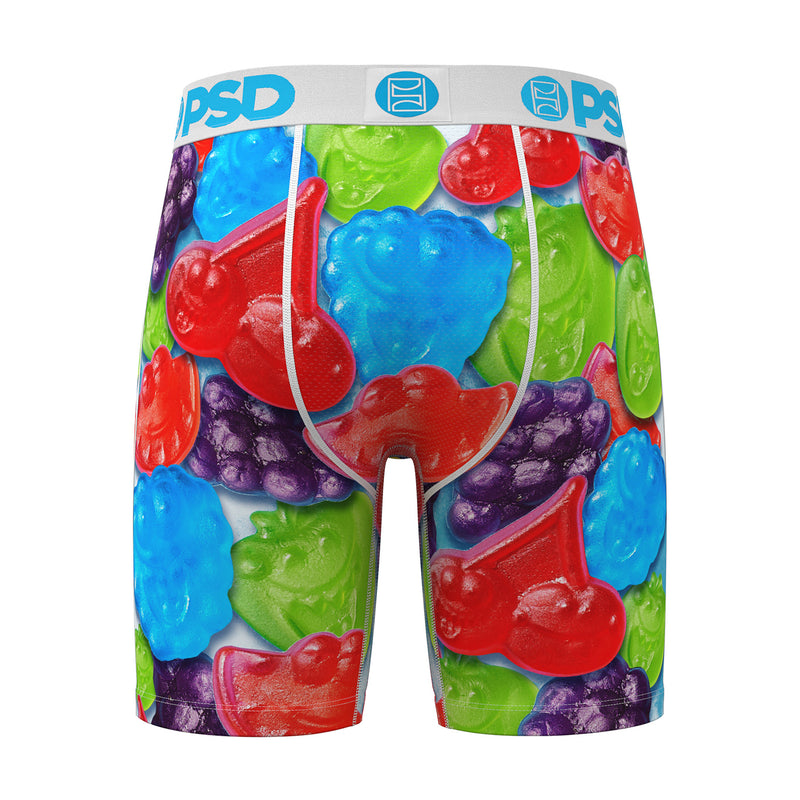 Men's JR Gummies boxer briefs with vivid gummy-candy collage, centered front close-up