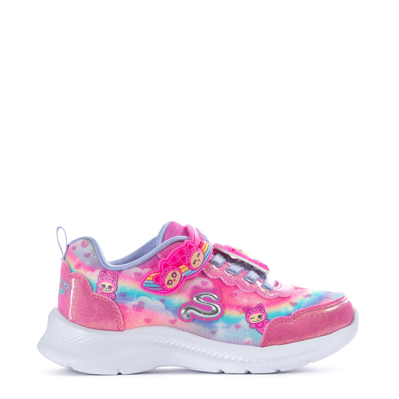 Kids lace-up sneakers in pink and rainbow tie-dye with cute critter graphics