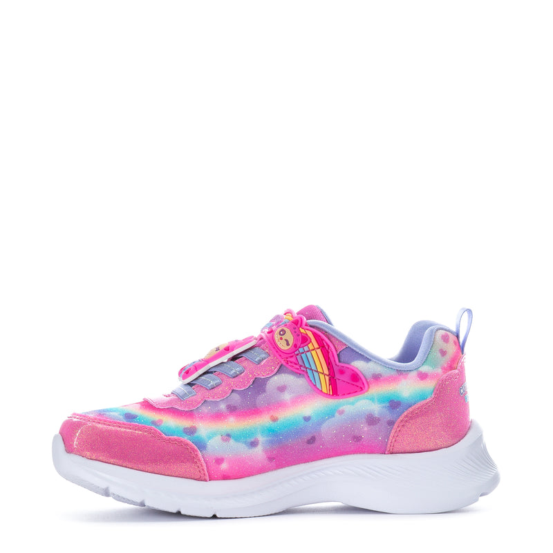 Kids low-top sneakers with pink rainbow pattern, Velcro strap, and chunky white sole