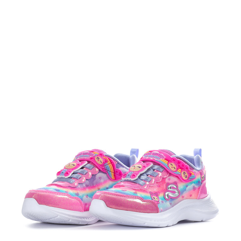 Kids sneakers in rainbow tie-dye with pink toe panels and chunky white cushioned sole