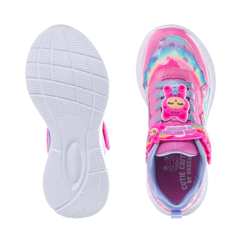 Kids sneaker outsole and inside view, pink trim with critter graphic on strap