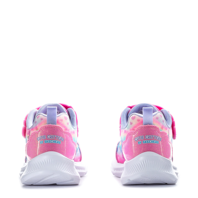 Kids sneakers back view with printed heel text and white treaded sole