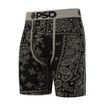 Black paisley boxer briefs with PSD waistband logo, fly front