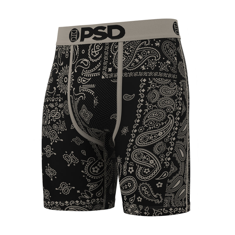 Black paisley boxer briefs with PSD waistband logo, fly front