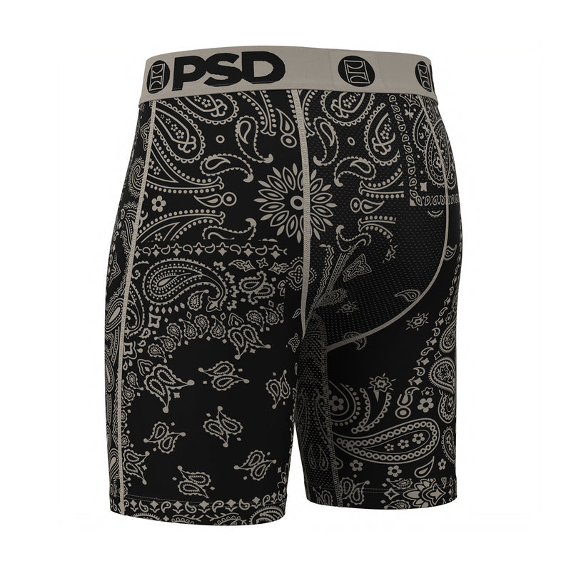 Black paisley boxer briefs with full pattern, PSD waistband and fly
