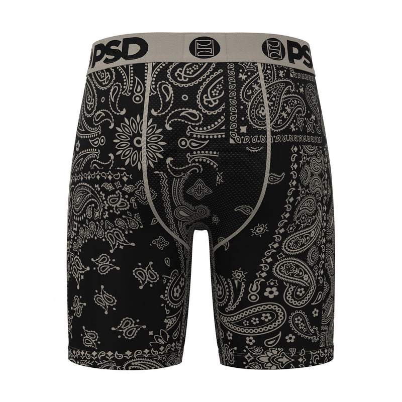 Black paisley boxer briefs with contrast seam panels and PSD logo waistband