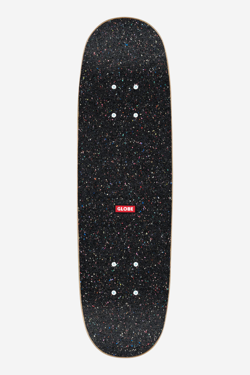 Top view of a black speckled Kids Softie Micro deck with a red Globe logo