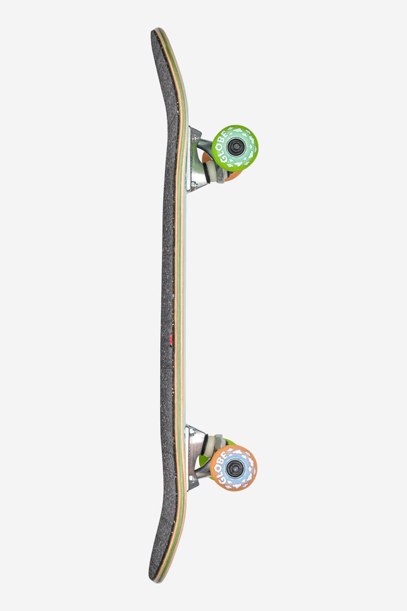 Side profile of the speckled deck mounted with trucks and lime green and orange wheels