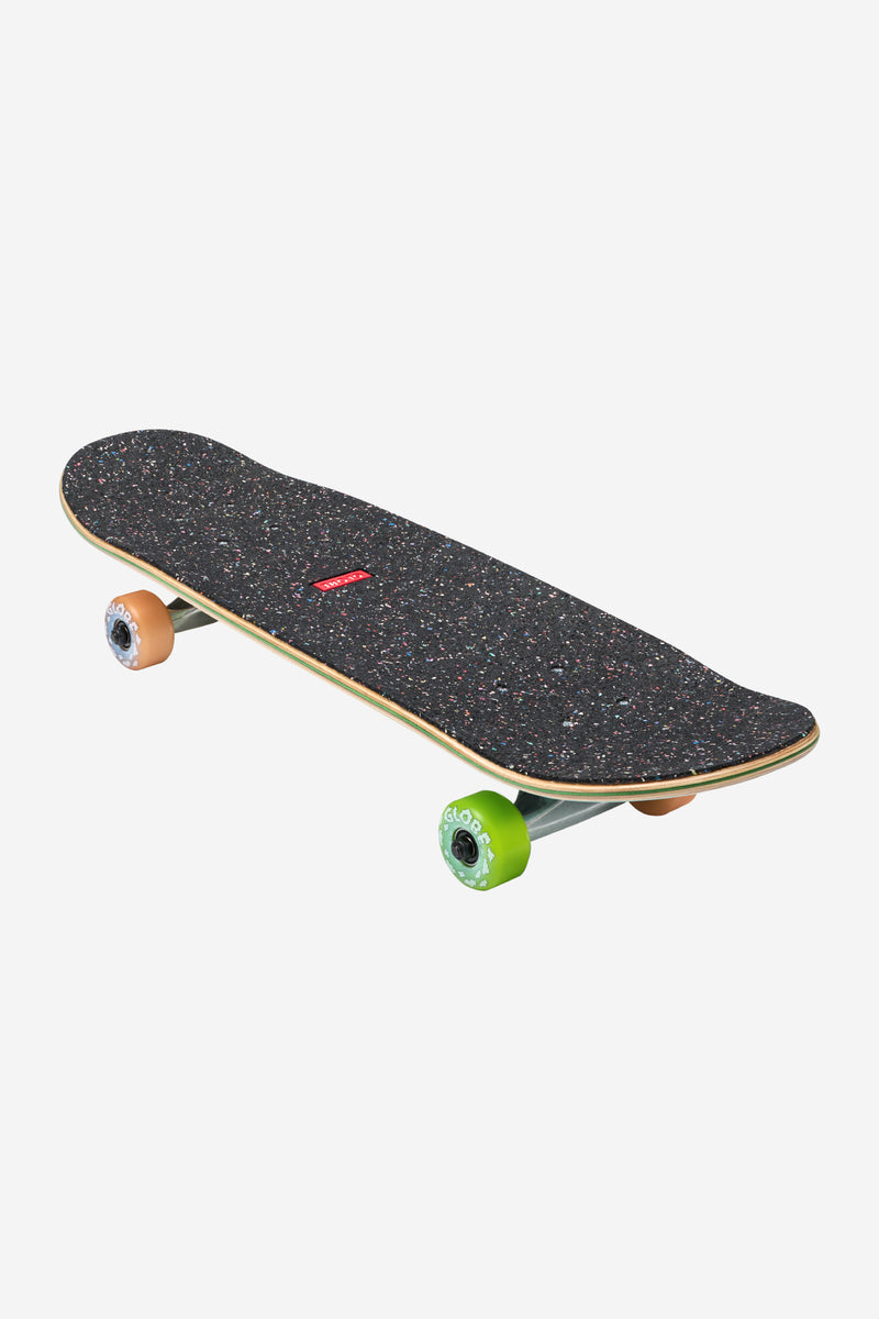 Angled underside view of the speckled deck showing wheels and Globe logo