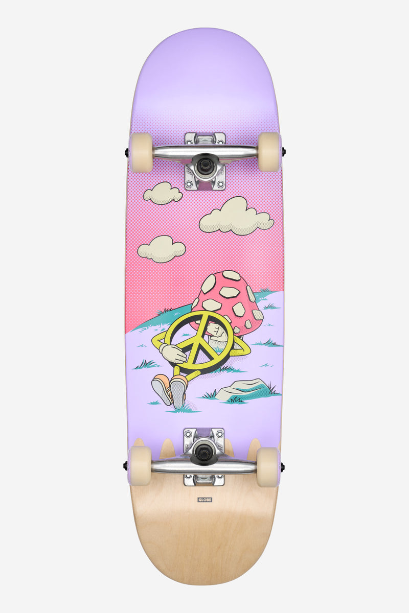 Top view of a Kids Wide Mid Complete 8.25 Peace Man deck with black grip tape and a small Globe logo.