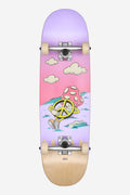 Top view of a Kids Wide Mid Complete 8.25 Peace Man deck with black grip tape and a small Globe logo.