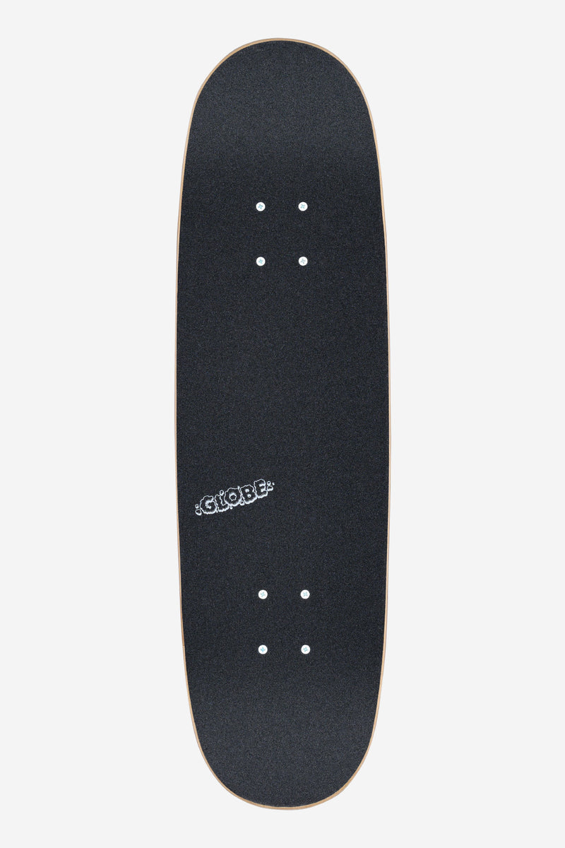 Close up of a dark grip tape Kids Wide Mid 8.25 Peace Man deck showing a light wood edge and Globe logo.